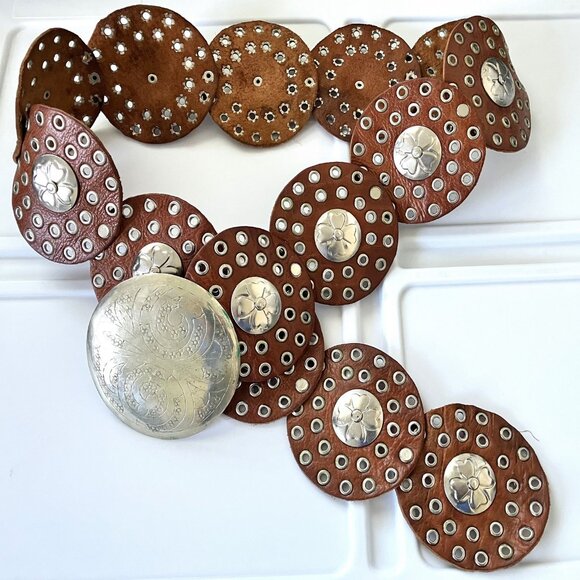 Moroccan Brown leather belt with engraved metal discs, silver toned grommets and - Picture 1 of 3